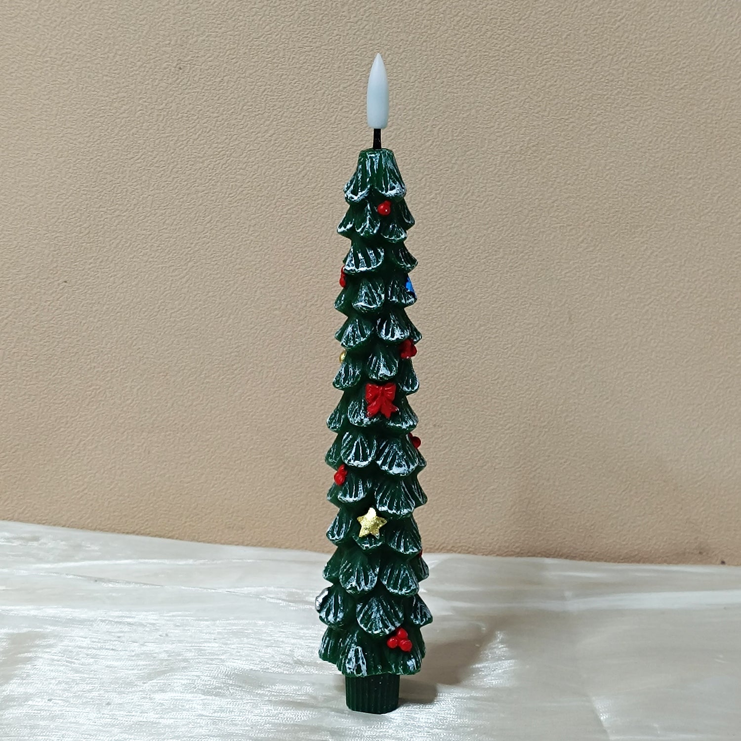 Cozy Green Christmas Tree LED Candle with Red Bows & Golden Stars