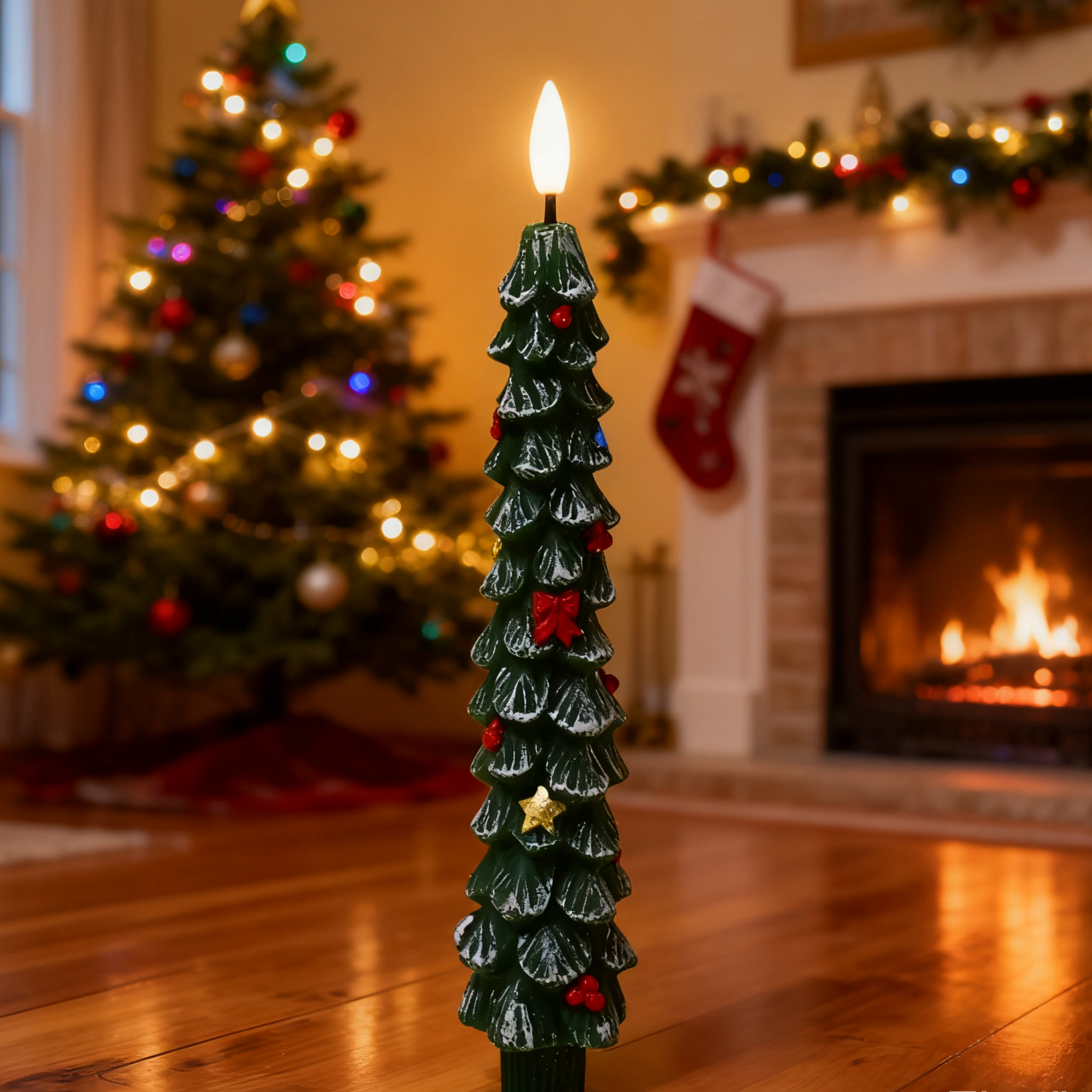 Cozy Green Christmas Tree LED Candle with Red Bows & Golden Stars