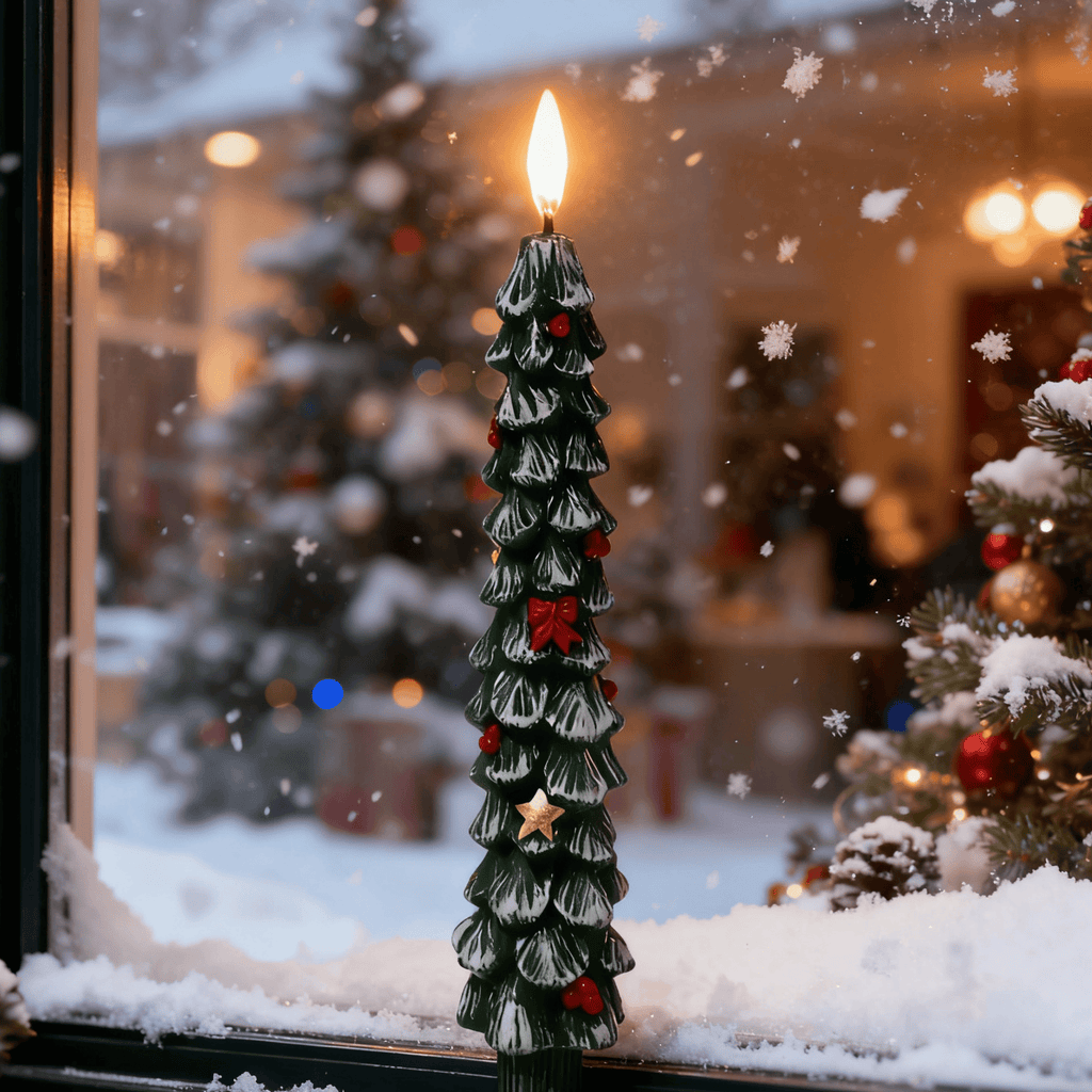 Cozy Green Christmas Tree LED Candle with Red Bows & Golden Stars