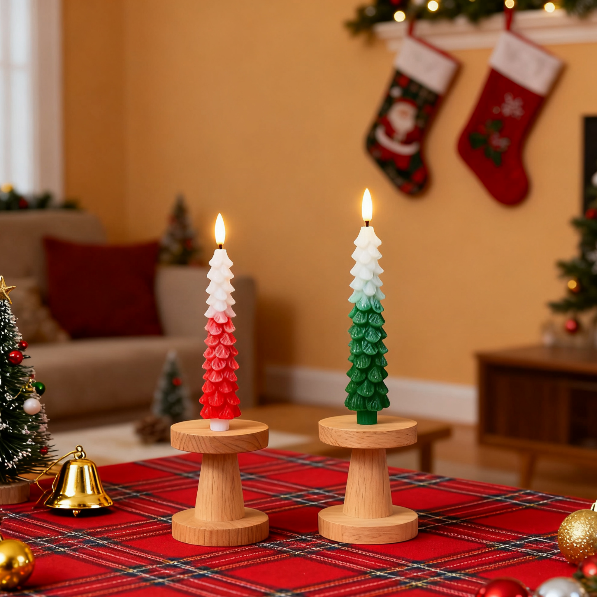 2PCS Flameless LED Taper Candles with Real Wax,Christmas Tree Shape