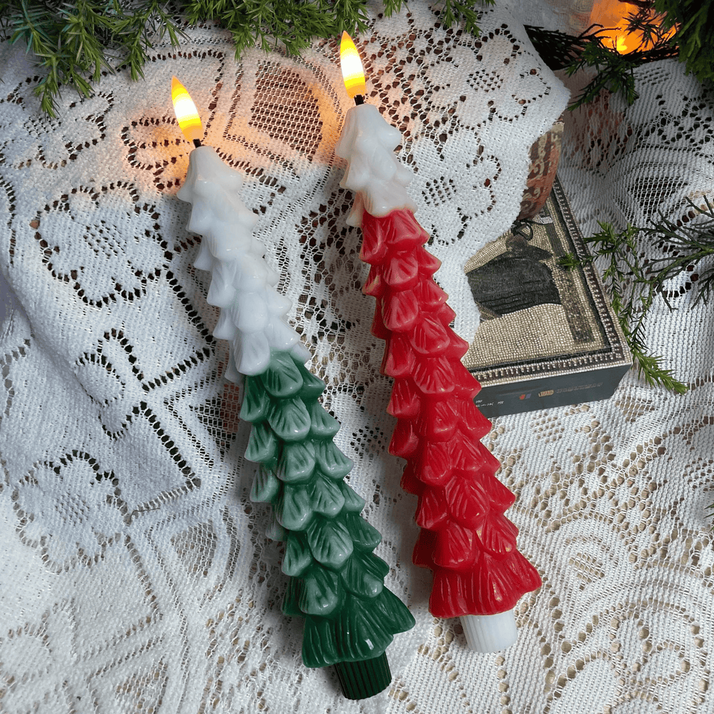 2PCS Flameless LED Taper Candles with Real Wax,Christmas Tree Shape