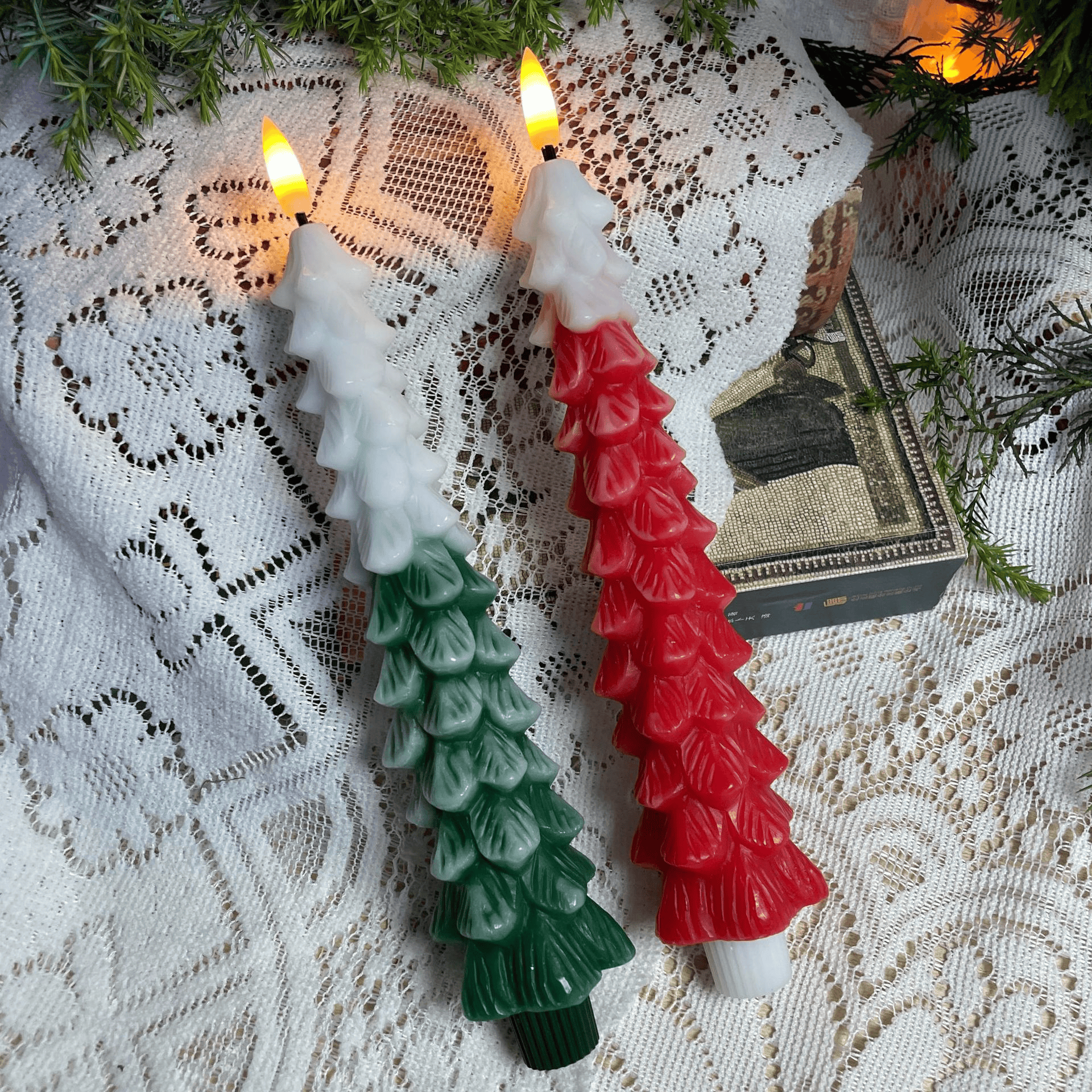 2PCS Flameless LED Taper Candles with Real Wax,Christmas Tree Shape