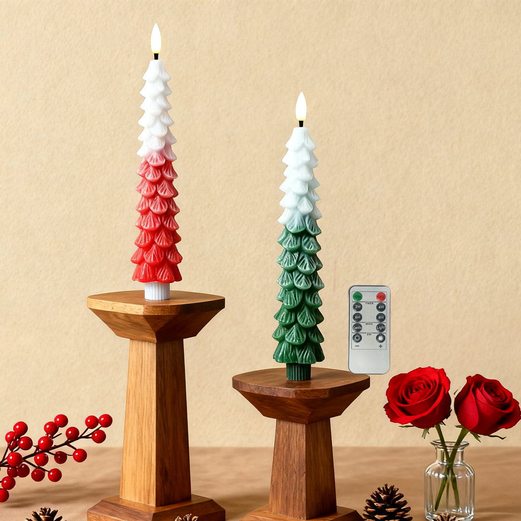 2PCS Flameless LED Taper Candles with Real Wax,Christmas Tree Shape