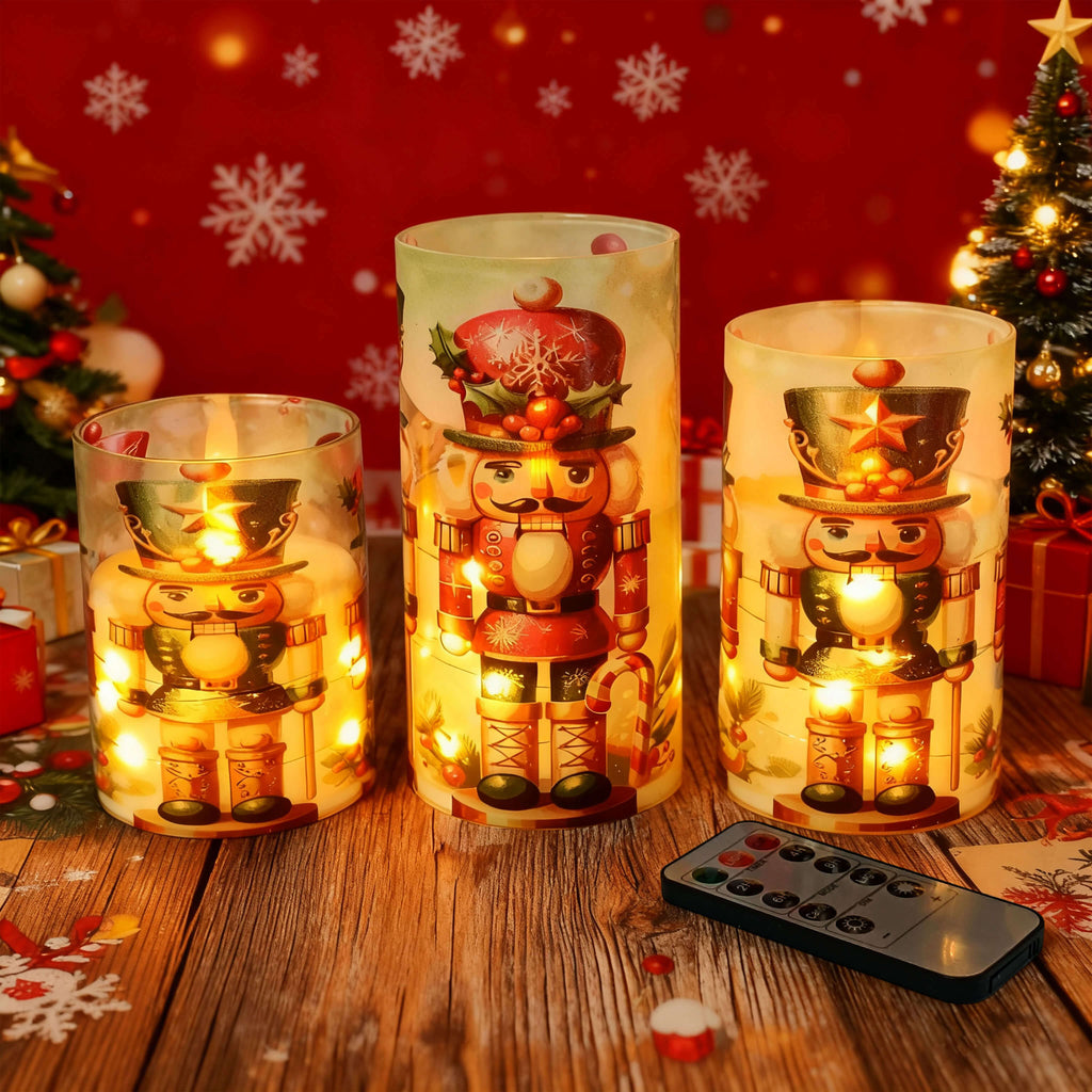 Nutcracker Christmas LED Flameless Pillar Candle Set with Copper Wire Lights and Remote Control