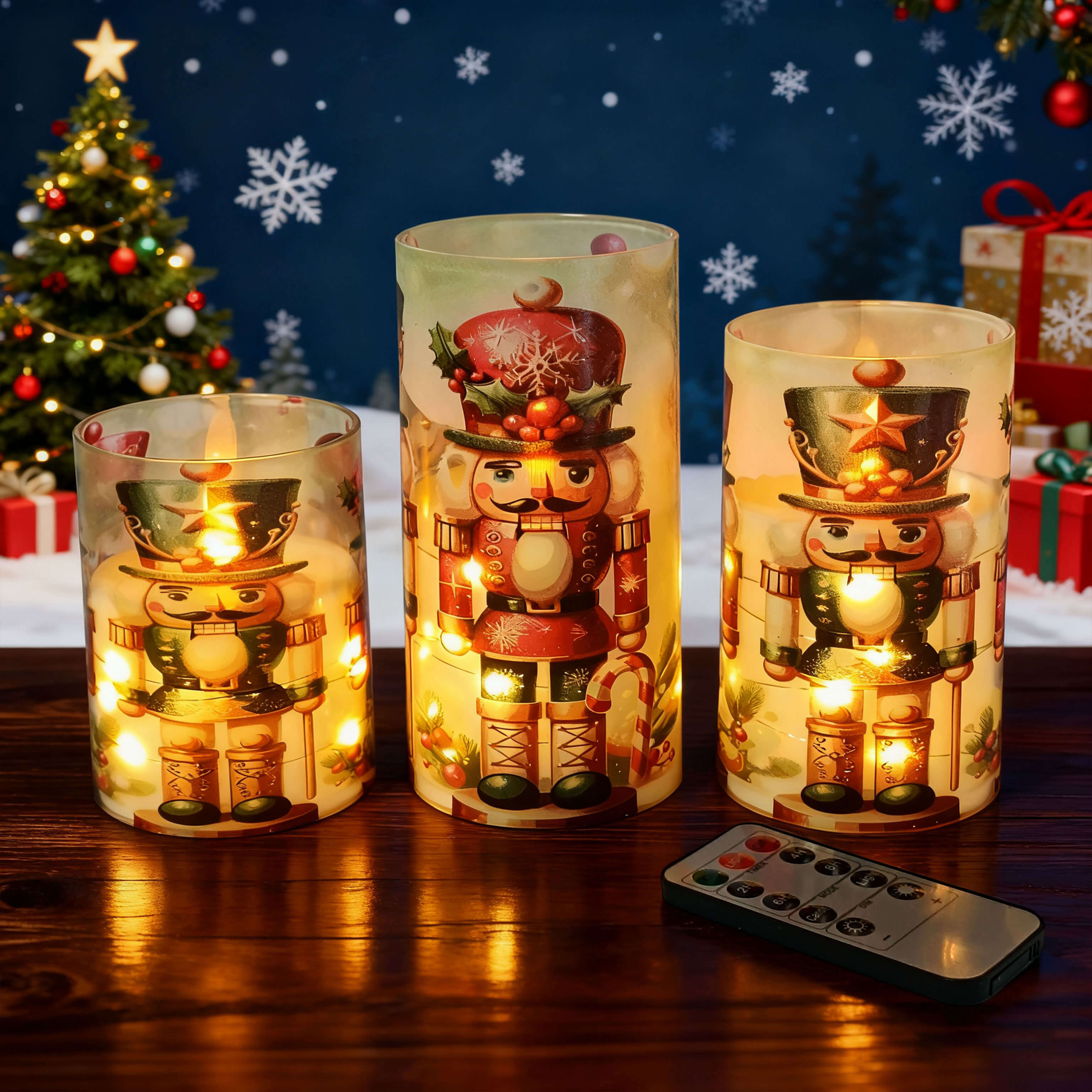 Nutcracker Christmas LED Flameless Pillar Candle Set with Copper Wire Lights and Remote Control