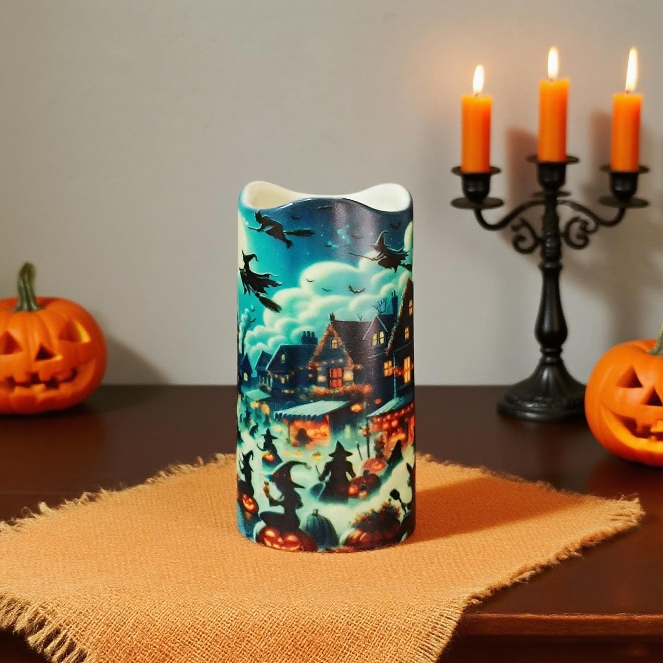 6" Halloween LED Pillar Candle Remote Control & Timer Flickering Flameless Light Spooky Skull Pumpkin Spider Decor