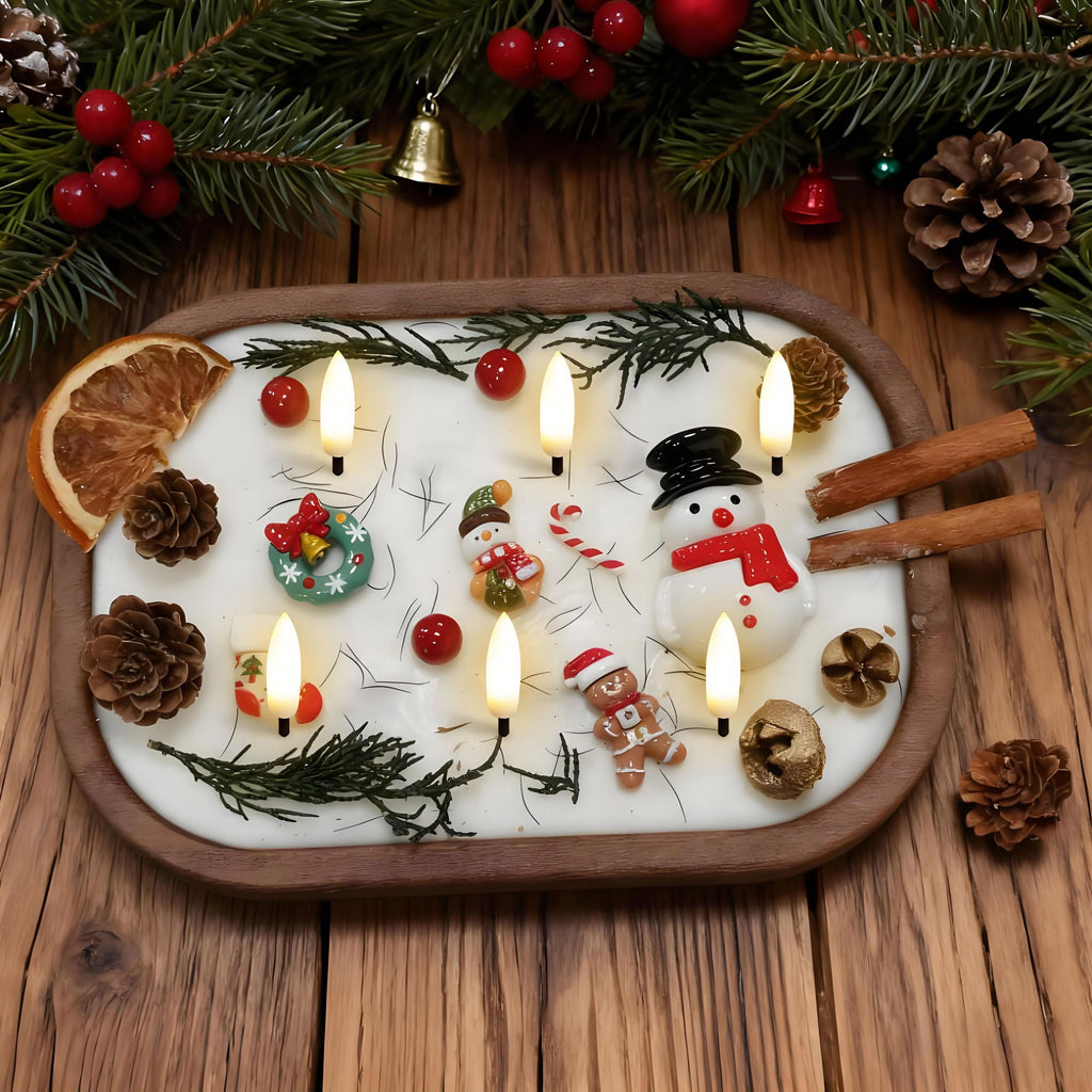 Christmas Dough Bowl LED Candle, Santa Reindeer Snowman Candle, Flameless Orange Cinnamon Scented, Holiday Housewarming Gift