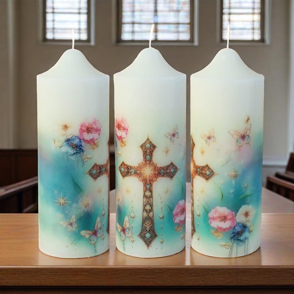 Personalized Baptism Pillar Candle: Christening Keepsake with Cross
