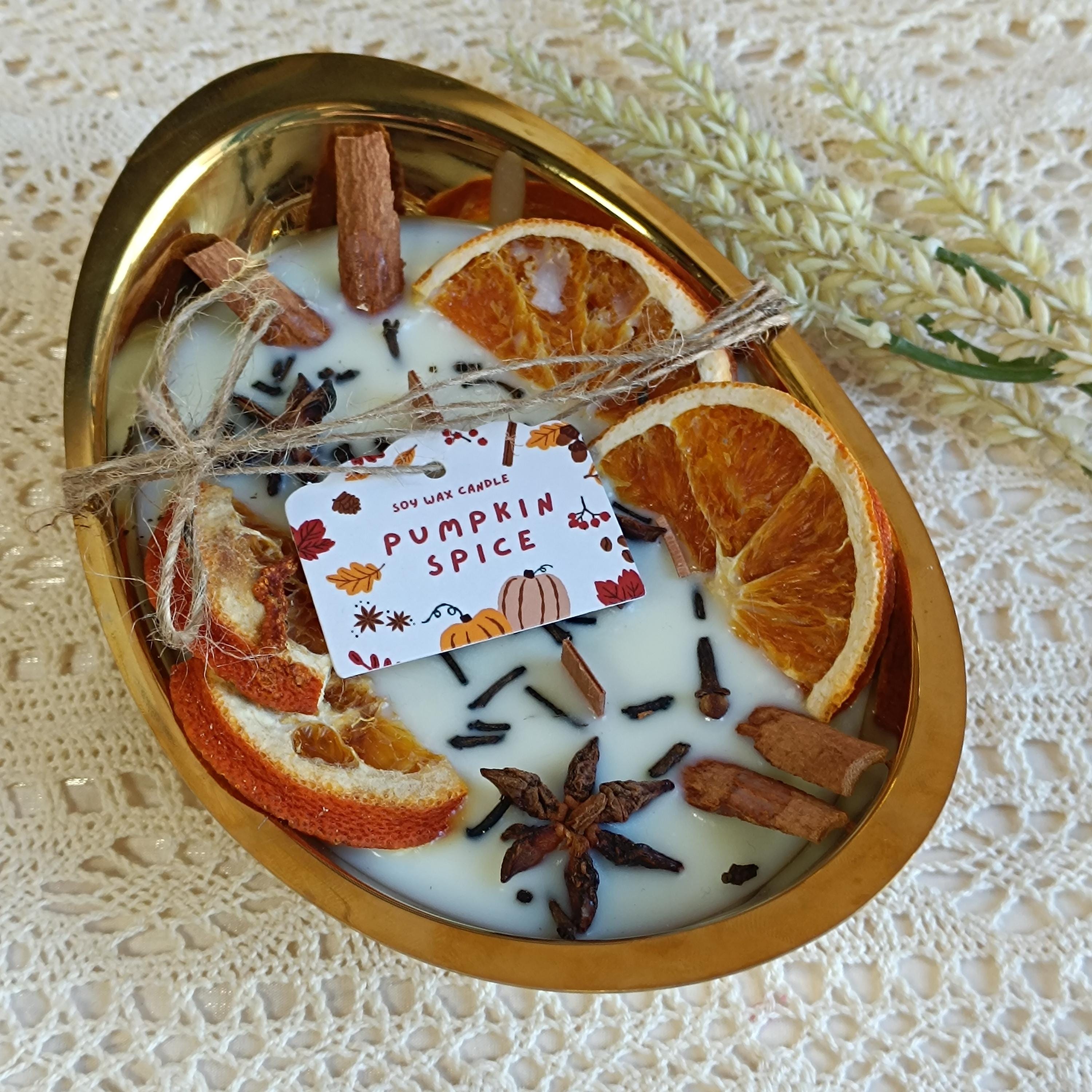 Orange Cinnamon Pumpkin Soy Candle, 3 Wood Wick Candle in Gold Tray, Handmade Halloween & Autumn Scent, Thanksgiving, Cozy Home Gift
