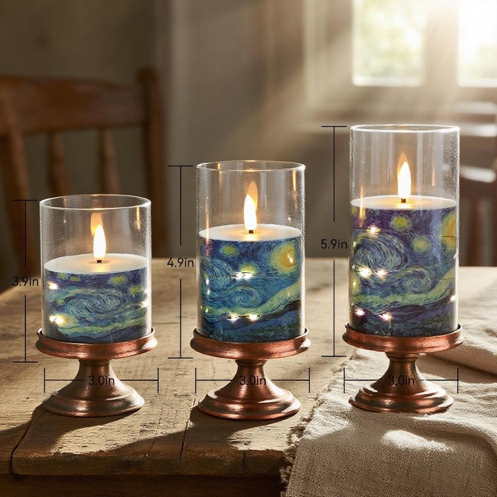Van Gogh Starry Night Flameless Candles,Remote Control&Timer LED Candle,Battery Operated Pillar Candles for Birthday Gifts