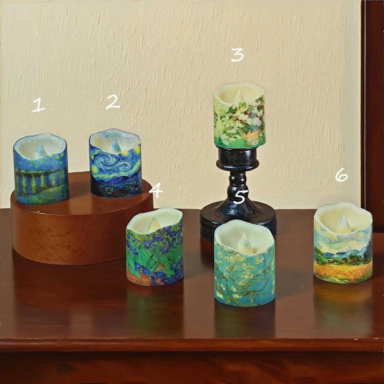 Van Gogh Painting LED Tea Lights,Set of 12 or 24,Flameless Candles, 6 Famous Artworks, Personalized original gift