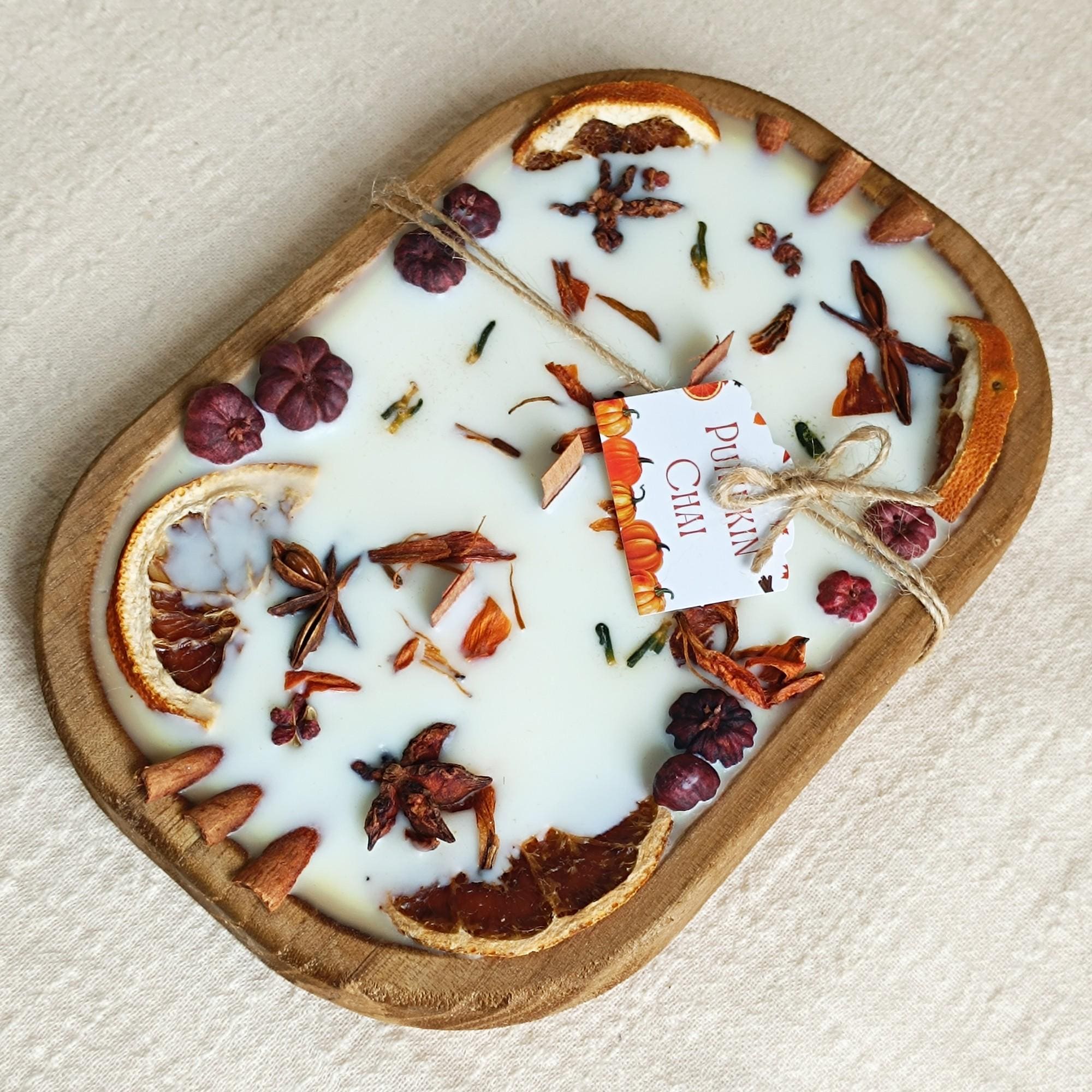 Spice-Decorated Wooden Dough Bowl Scented Candle,3 Wick Container Candle, Three Scents, Autumn Home Decor Christmas Gift