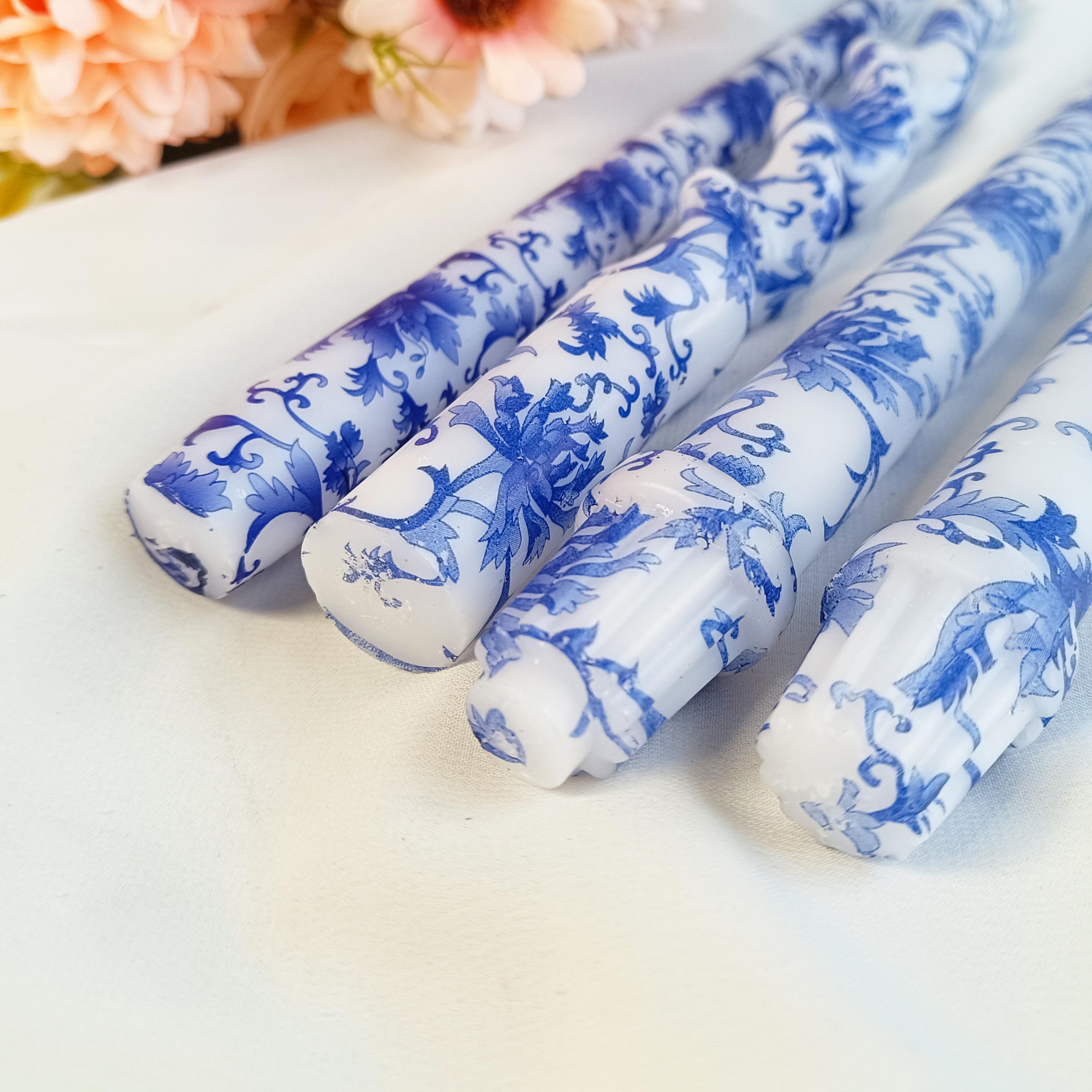 Spiral Candle Sticks Printed Taper Candlestick,2PC Blue Flower Tapered Candle ,Valentine's Gift,Dinner Decor,blue and white Taper Candle