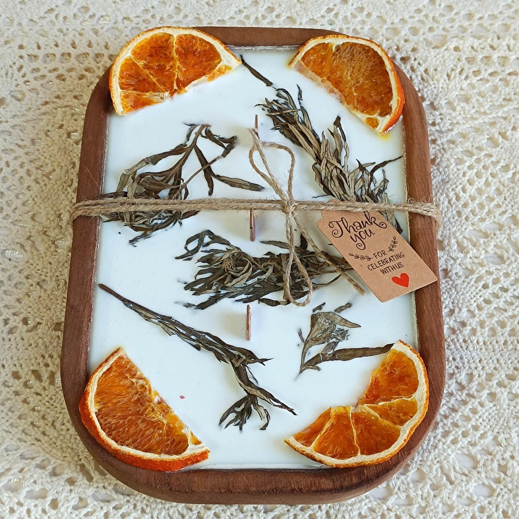 Mugwort Orange Dough Bowl Candle | 3-Wick Soy Wax Candle in Reclaimed Wood | Herbaceous Citrus Scent Home Decor | Housewarming Gift