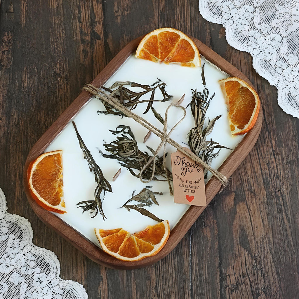Mugwort Orange Dough Bowl Candle | 3-Wick Soy Wax Candle in Reclaimed Wood | Herbaceous Citrus Scent Home Decor | Housewarming Gift