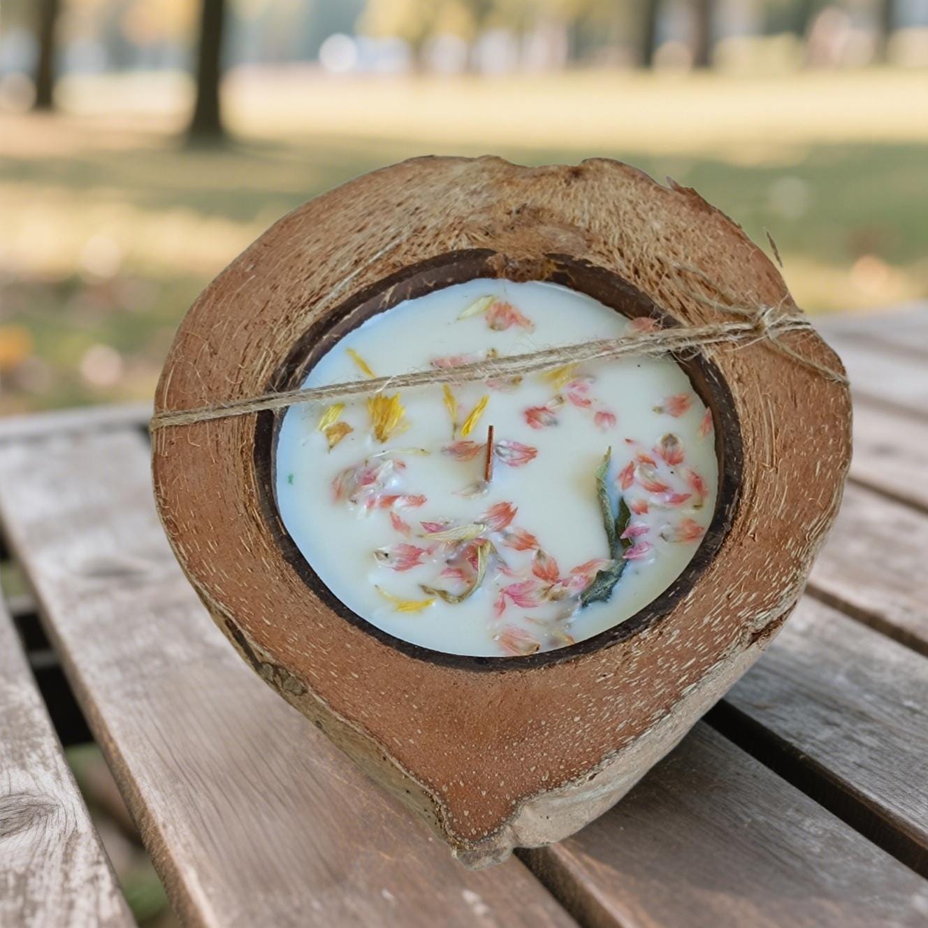 Coconut Wood Dough Bowl Candle: Dried Floral Soy Wax, Wooden Wick, Housewarming Gift