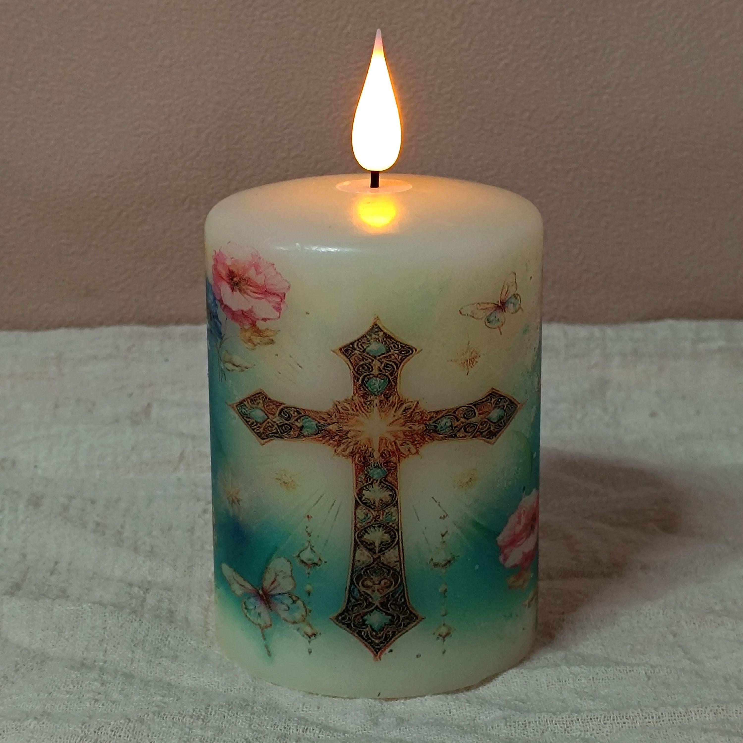 Christian Flameless LED Candle Set of 3, Real Wax, Remote & Timer Battery Powered Pillar Religious Candles Safe Home Decor