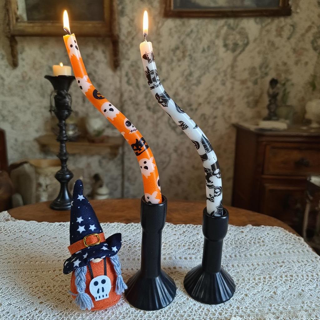 Halloween Twisted Taper Candles,Ghost Pumpkin Bat Print, Black/White & Orange, Unscented Paraffin Candles for Halloween Decor Gift