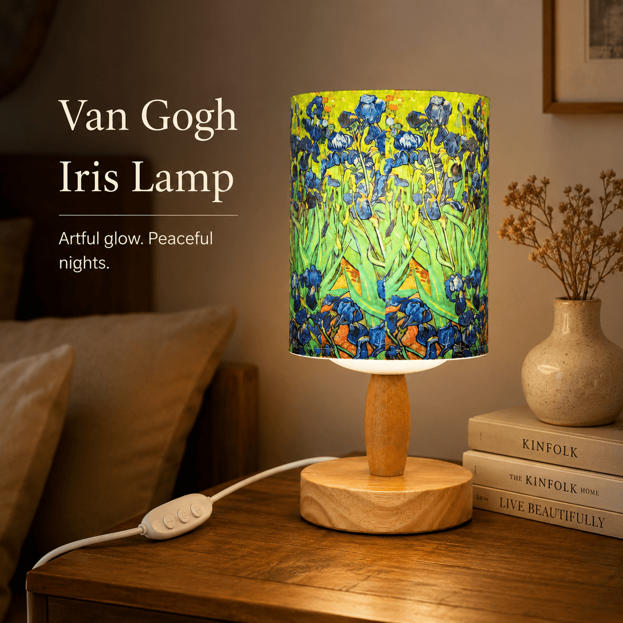 Van Gogh Irises PLA Eco‑Friendly Table Lamp ✨ Button Dimmable Art Bedside Lamp, Aesthetic Impressionist Home Decor Gift