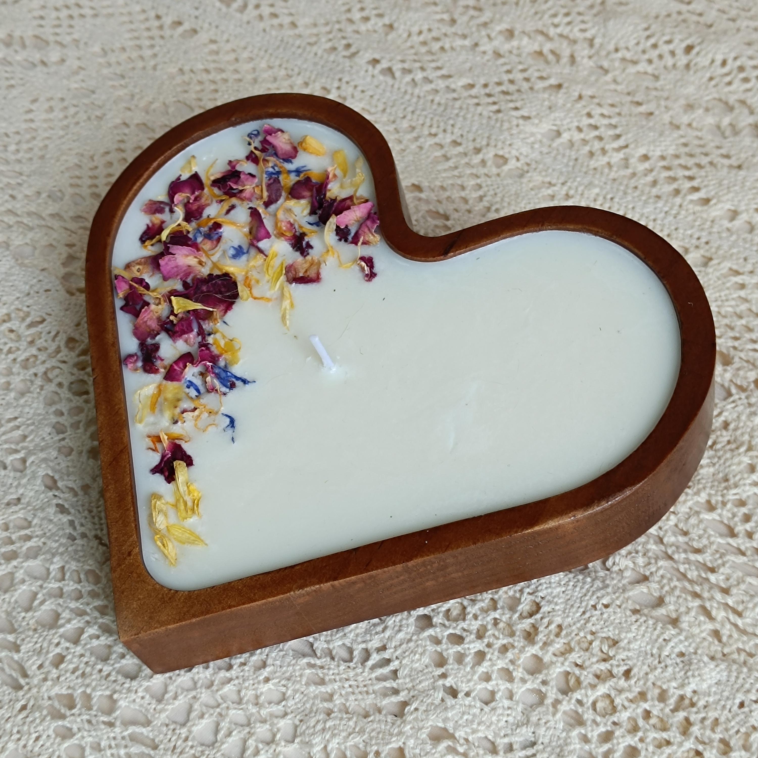 Heart Shaped Dough Wooden Bowl Candle with Dried Rose Hand-Poured Soy Wax / Farmhouse décor / Anniversary | Mothers Day Gift for Her