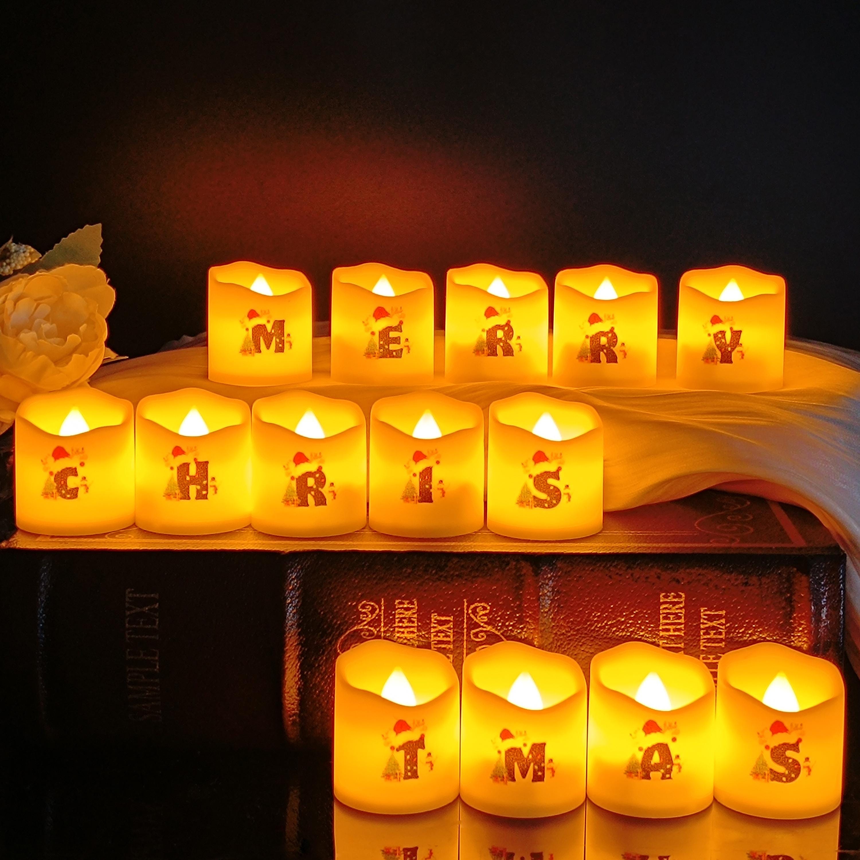 Christmas Tree Alphabet Tea Lights 14 PC Set with Batteries, Red Green Flameless Tealight Candles Decor Christmas Gift