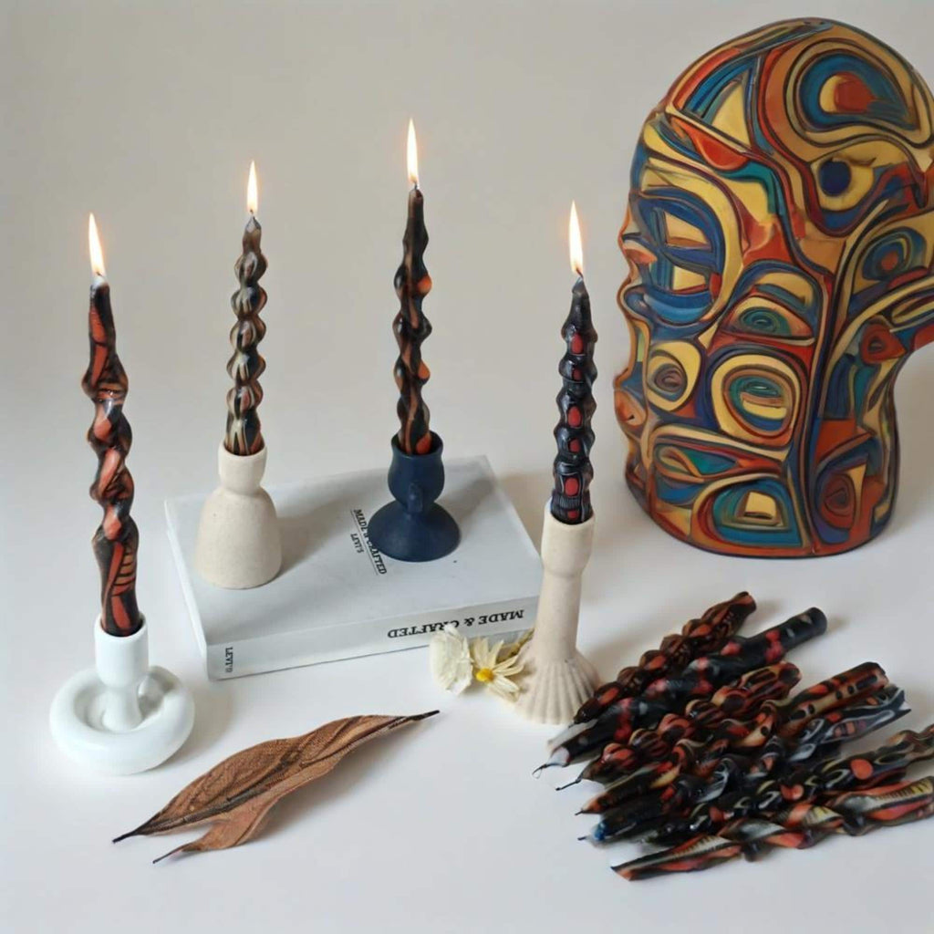 9.6" 2PCS Handmade African Abstract Spiral Taper Candles Unscented Tribal Art Ritual Candles,Smokeless Candle Sticks Flameless,Table Decor
