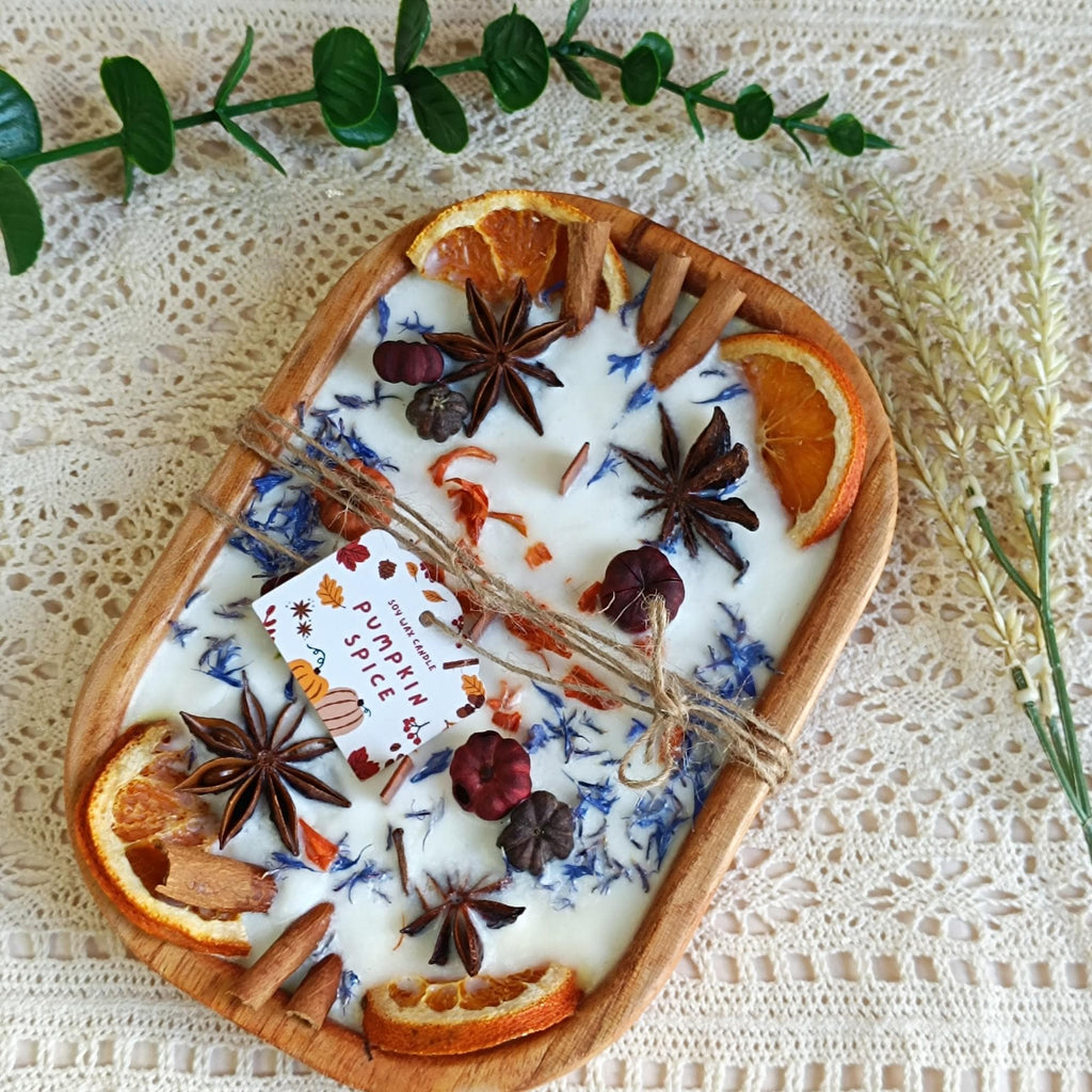 Spice-Decorated Wooden Dough Bowl Scented Candle,3 Wick Container Candle, Three Scents, Autumn Home Decor Christmas Gift