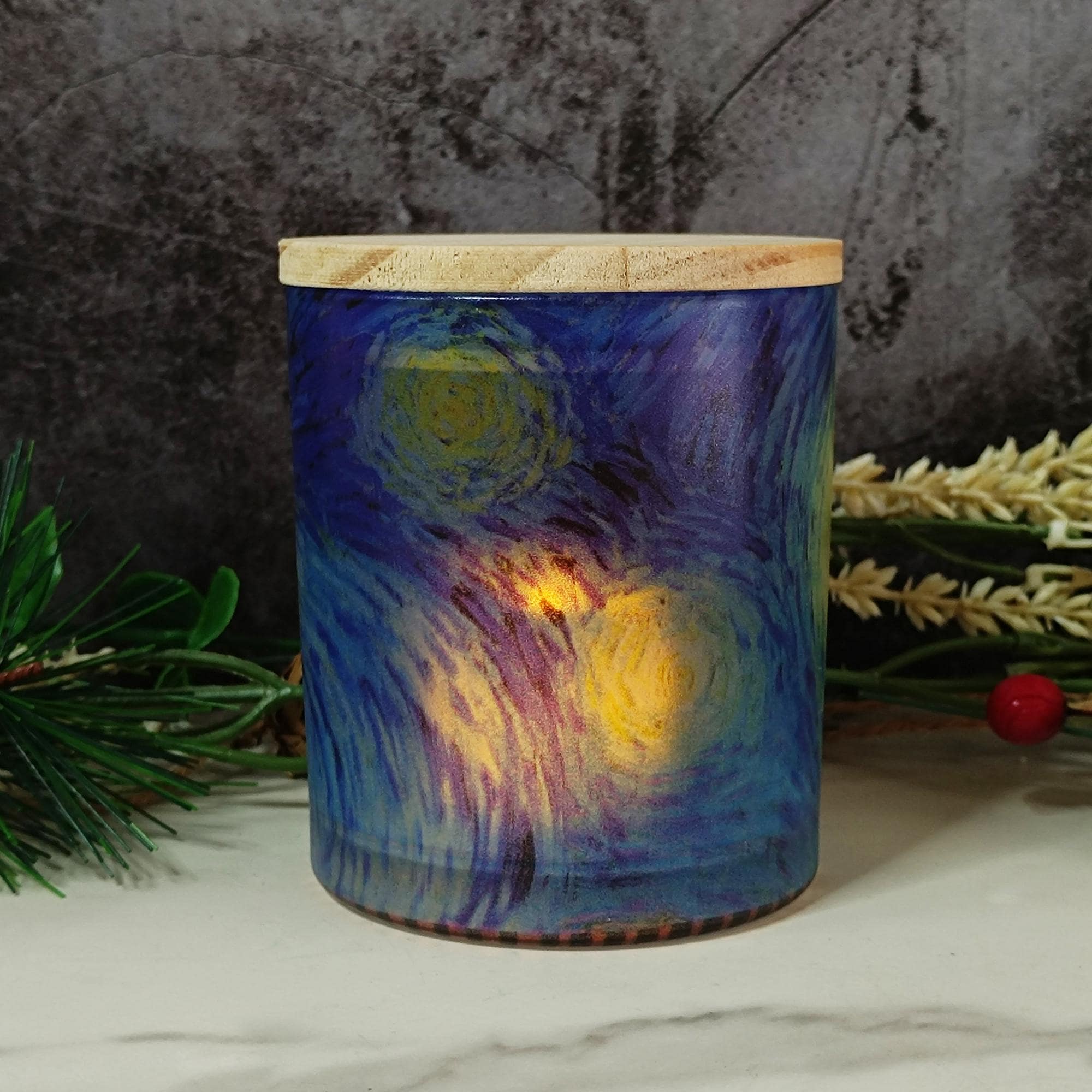 Van Gogh Starry Night Bamboo Lid Lamp | Swirling Sky Night Light | Artistic Decorative Candle Light Home Decor