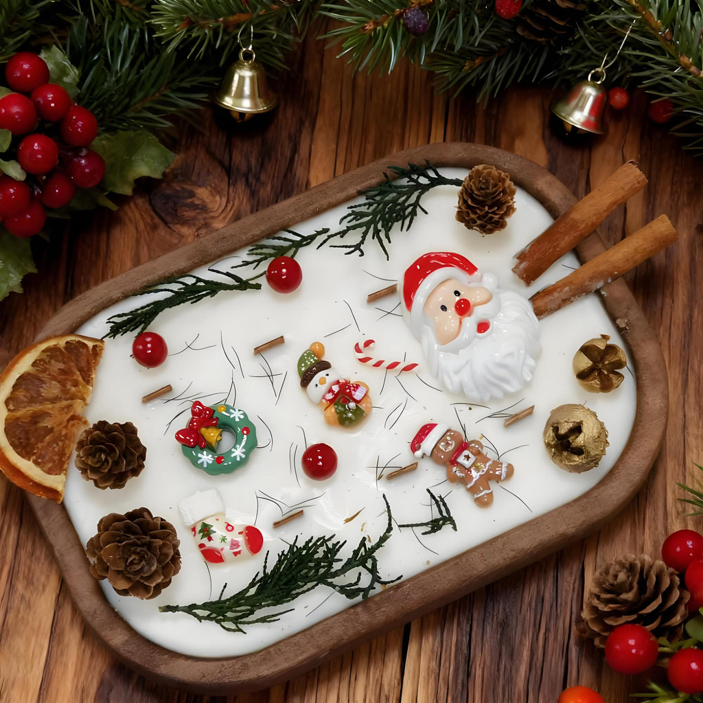 Christmas Dough Bowl Candle, Santa/Reindeer/Snowman Orange Cinnamon Scented Candle, 6 Wood Wick Handmade Candle, Holiday Housewarming Gift