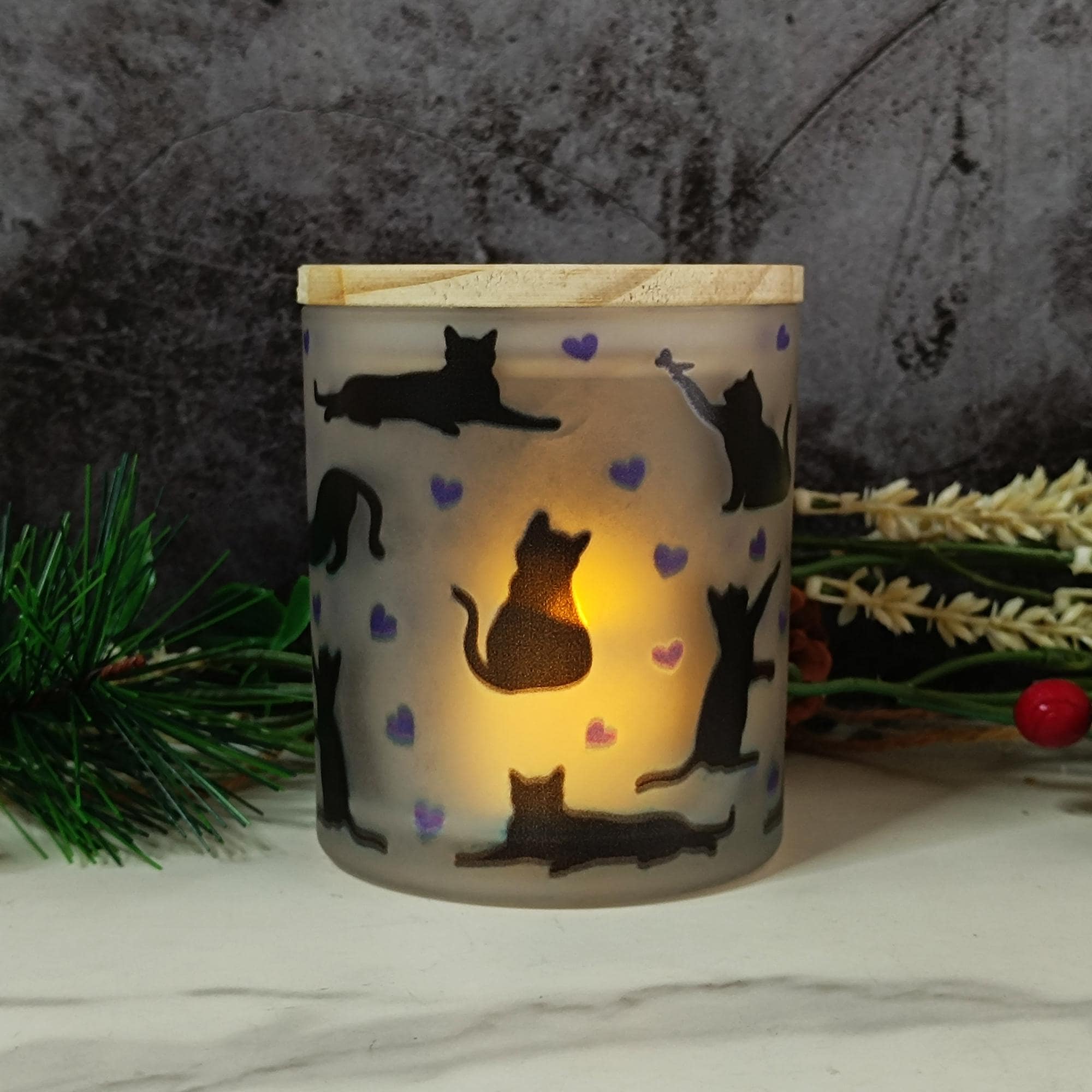 Cat Silhouette Frosted Glass Night Light | Bamboo Lid Tea Lamp | Flameless Tea Light Candles | Pet Lover's Decor Home Decor