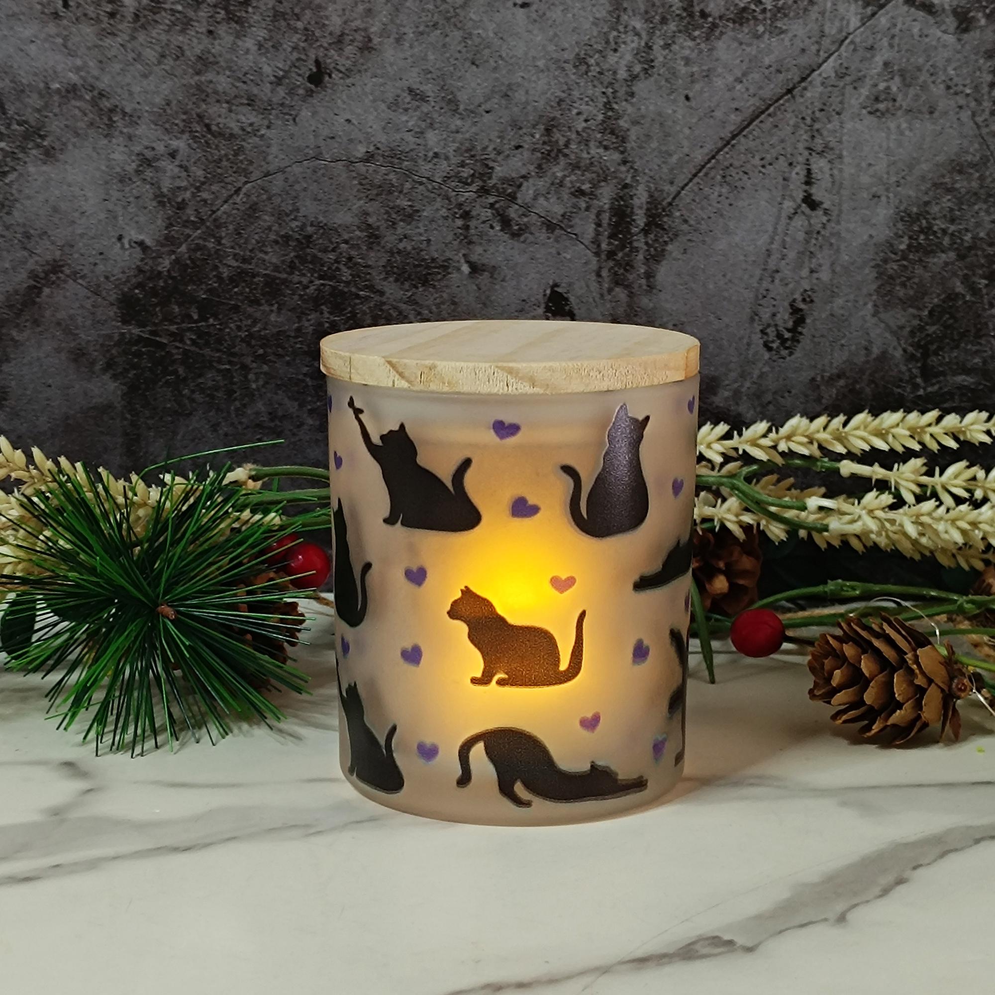 Cat Silhouette Frosted Glass Night Light | Bamboo Lid Tea Lamp | Flameless Tea Light Candles | Pet Lover's Decor Home Decor