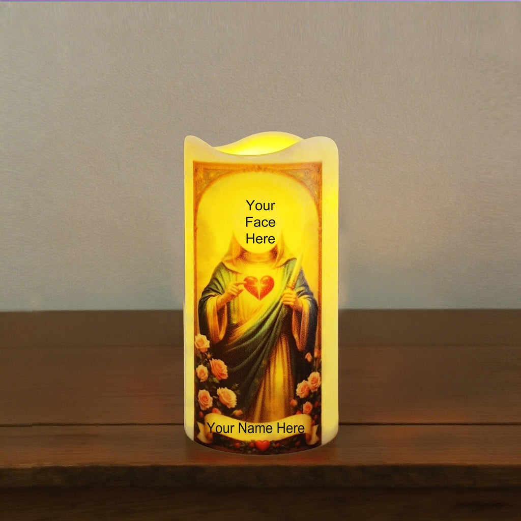 Custom Saint Flameless LED Candle: Prayer Votive with Remote & Timer