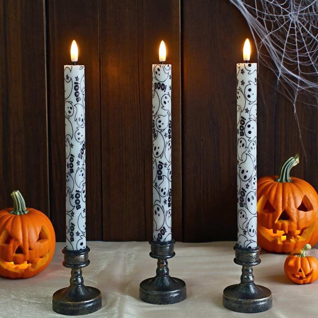 10" Tall Halloween LED Ghost Face Taper Candles with Remote Control, Timer, Flickering, Flameless & Safe Halloween Decor 3PCS