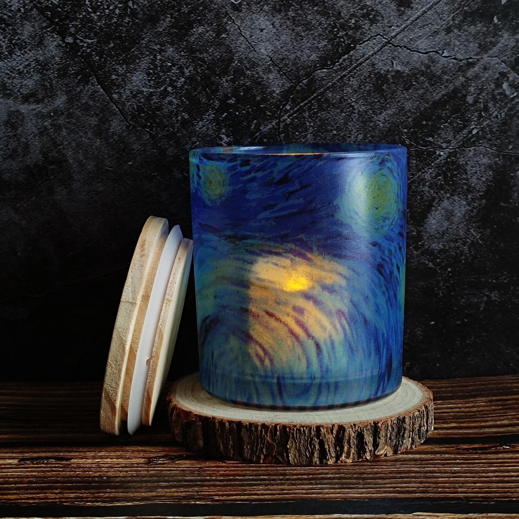 Van Gogh Starry Night Bamboo Lid Lamp | Swirling Sky Night Light | Artistic Decorative Candle Light Home Decor