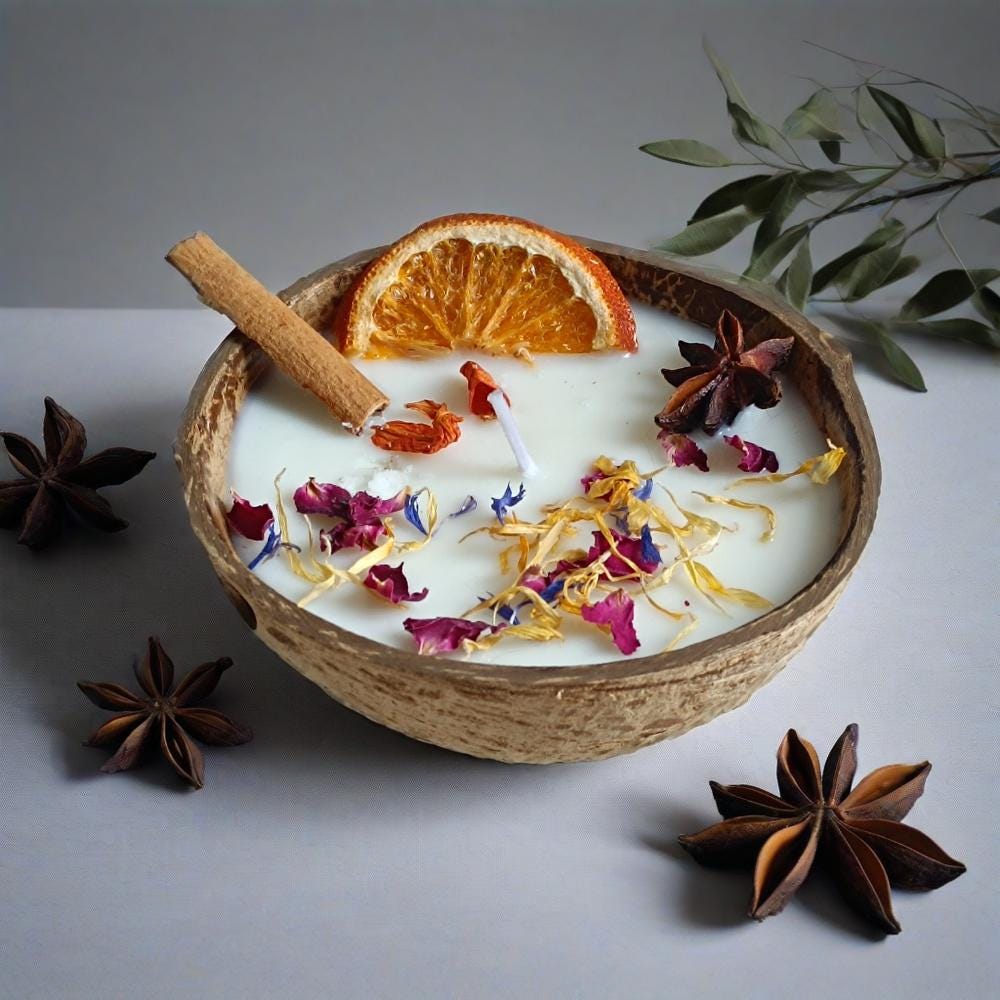 Coconut Shell Bowl Candle, 3 wick cotton Candle, Handmade Orange Scented Soy Wax Candle Home Decor Anniversary Birthday Housewarming gift