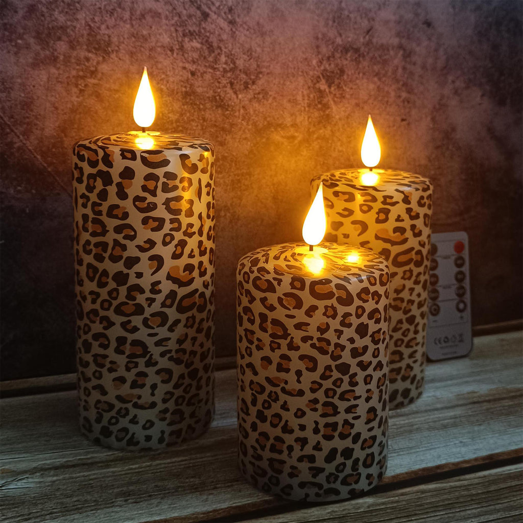 Leopard Printed Flameless Candles,5.1 Inch Led Pillar Candles,Flickering Flameless Candles,Battery Operated Candles,Housewarming Gift