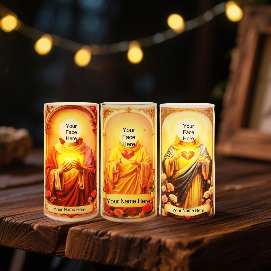 Personalized Saint Flameless LED Candle: Custom Prayer Votive with Remote