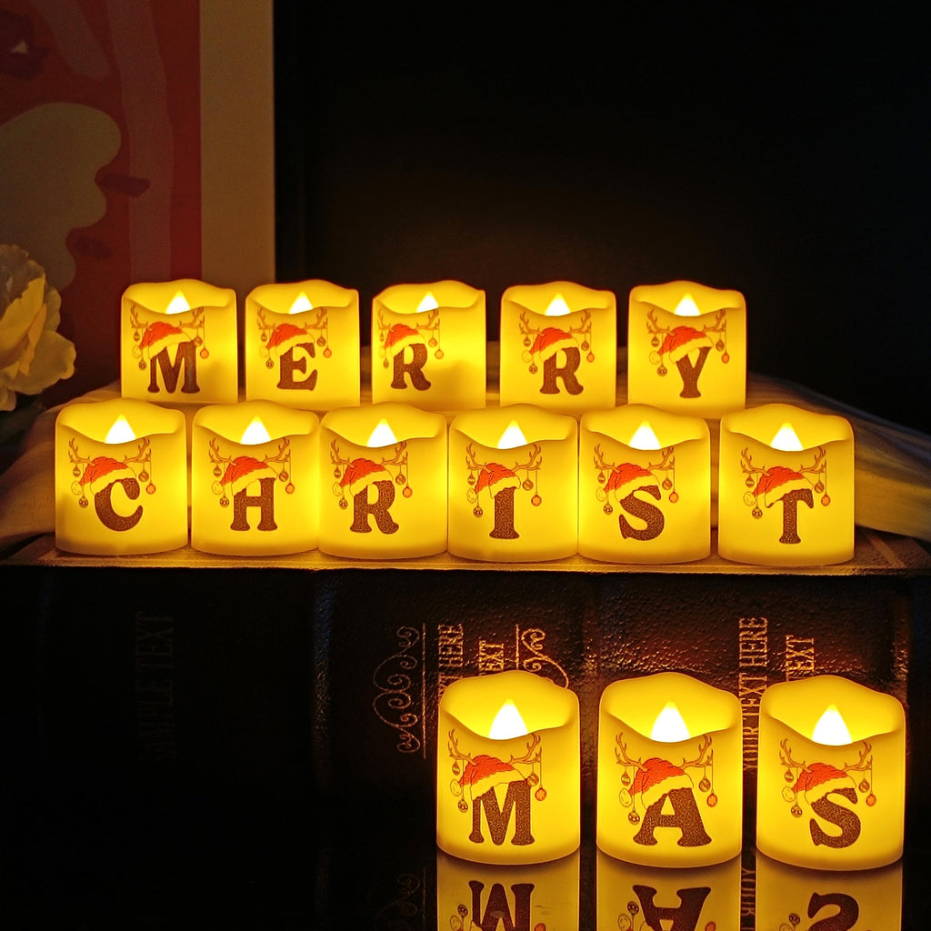 Christmas Tree Alphabet Tea Lights 14 PC Set with Batteries, Red Green Flameless Tealight Candles Decor Christmas Gift