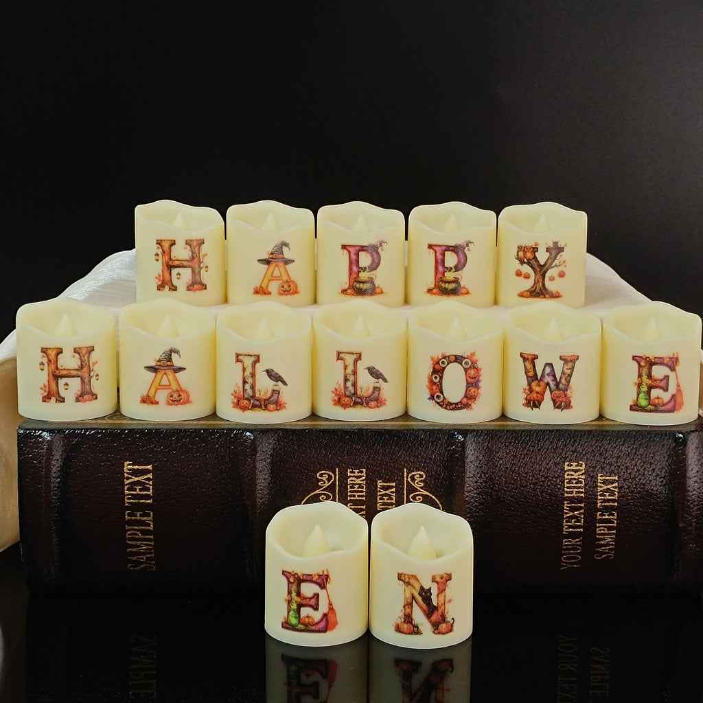 Pumpkin Alphabet LED Tea Lights,14PCS 1.6" Flameless candles for Halloween Party Decor Dinner