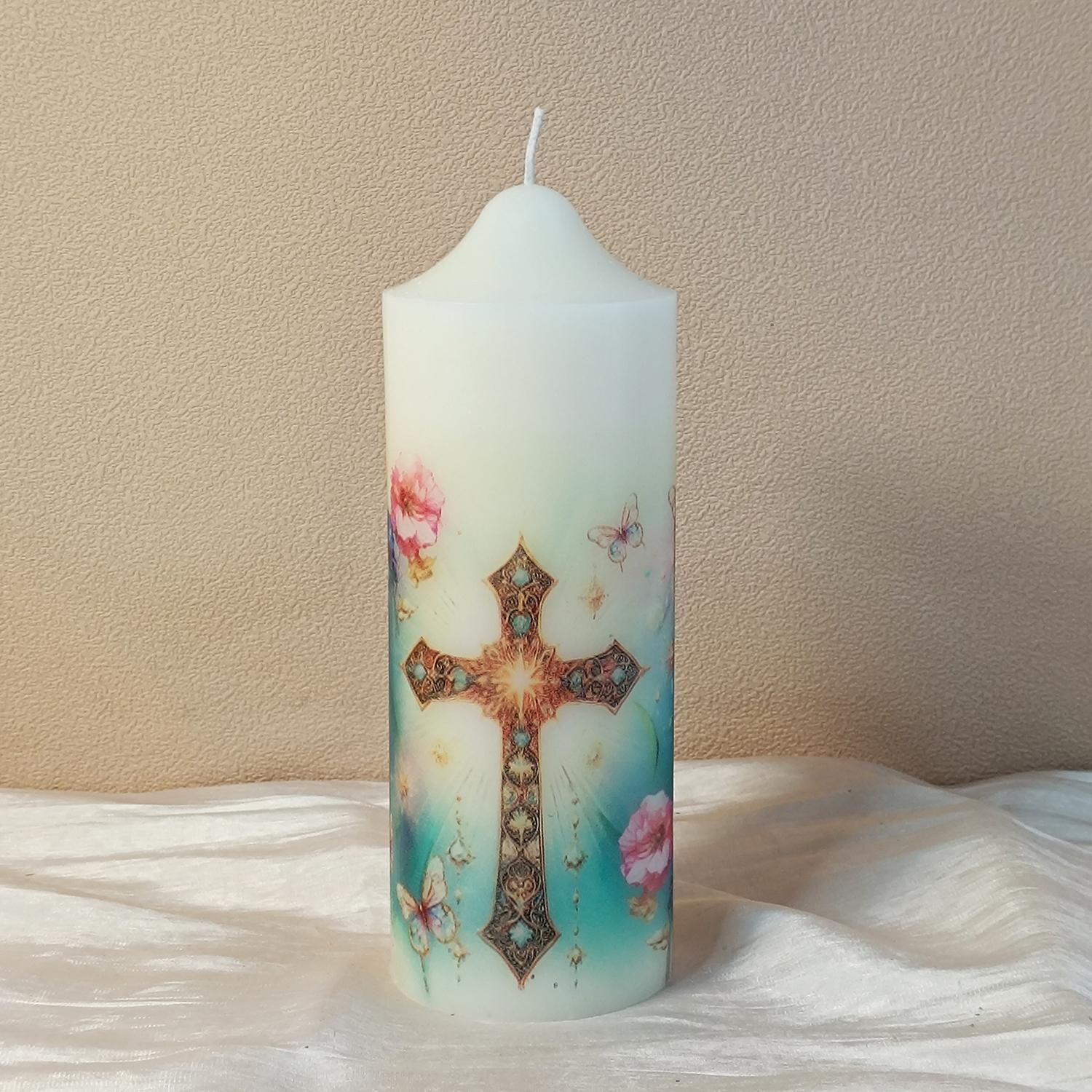 Personalized Baptism Pillar Candle: Christening Keepsake with Cross