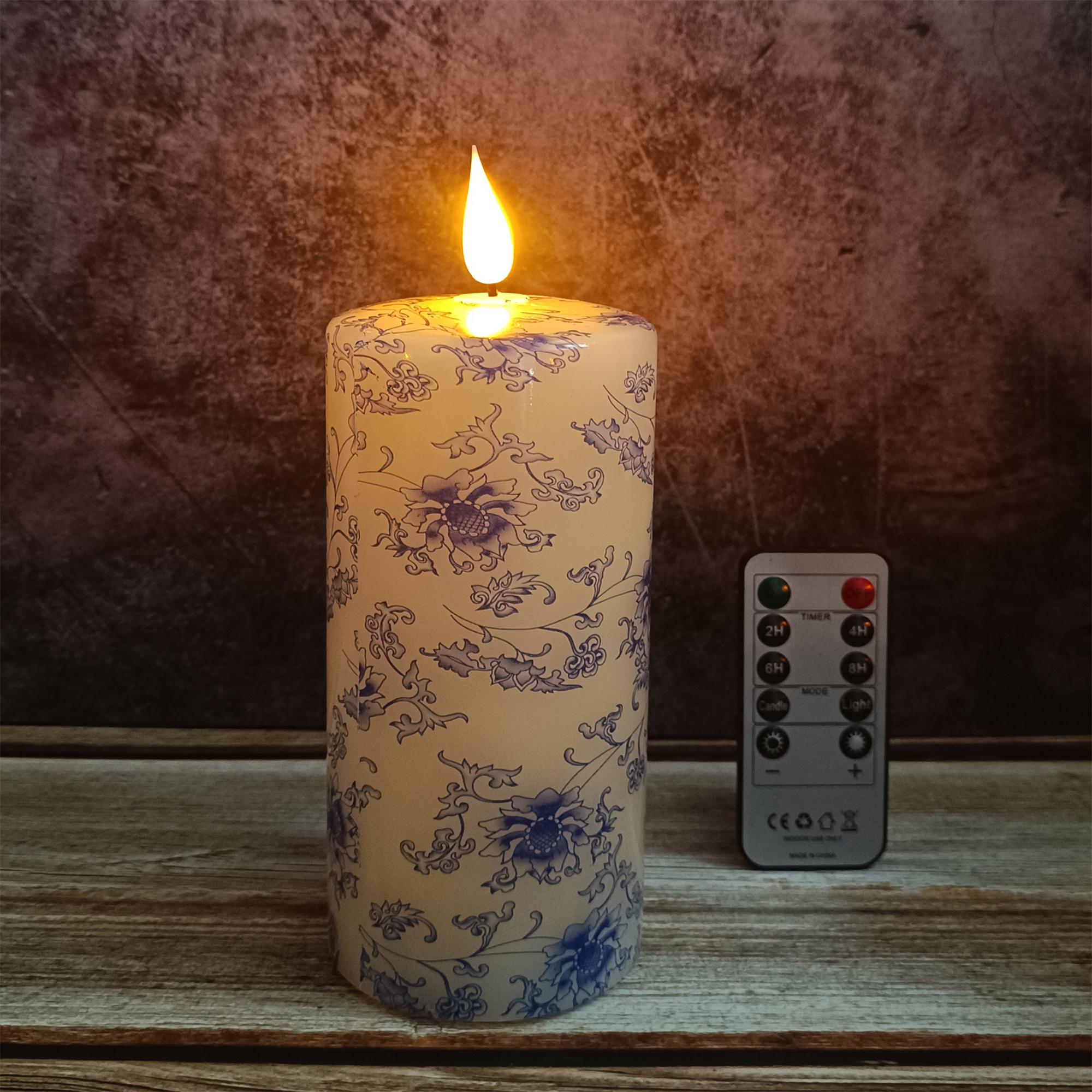 Blue And White Floral Printed Flameless Candles,Led Taper Candles,Flickering Flameless Candles,Battery Operated Candles,Housewarming Gift