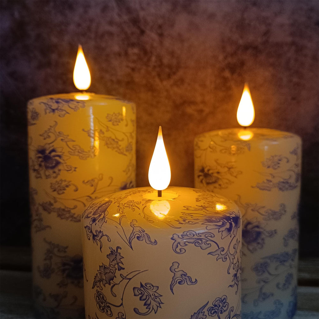 Blue And White Floral Printed Flameless Candles,Led Taper Candles,Flickering Flameless Candles,Battery Operated Candles,Housewarming Gift
