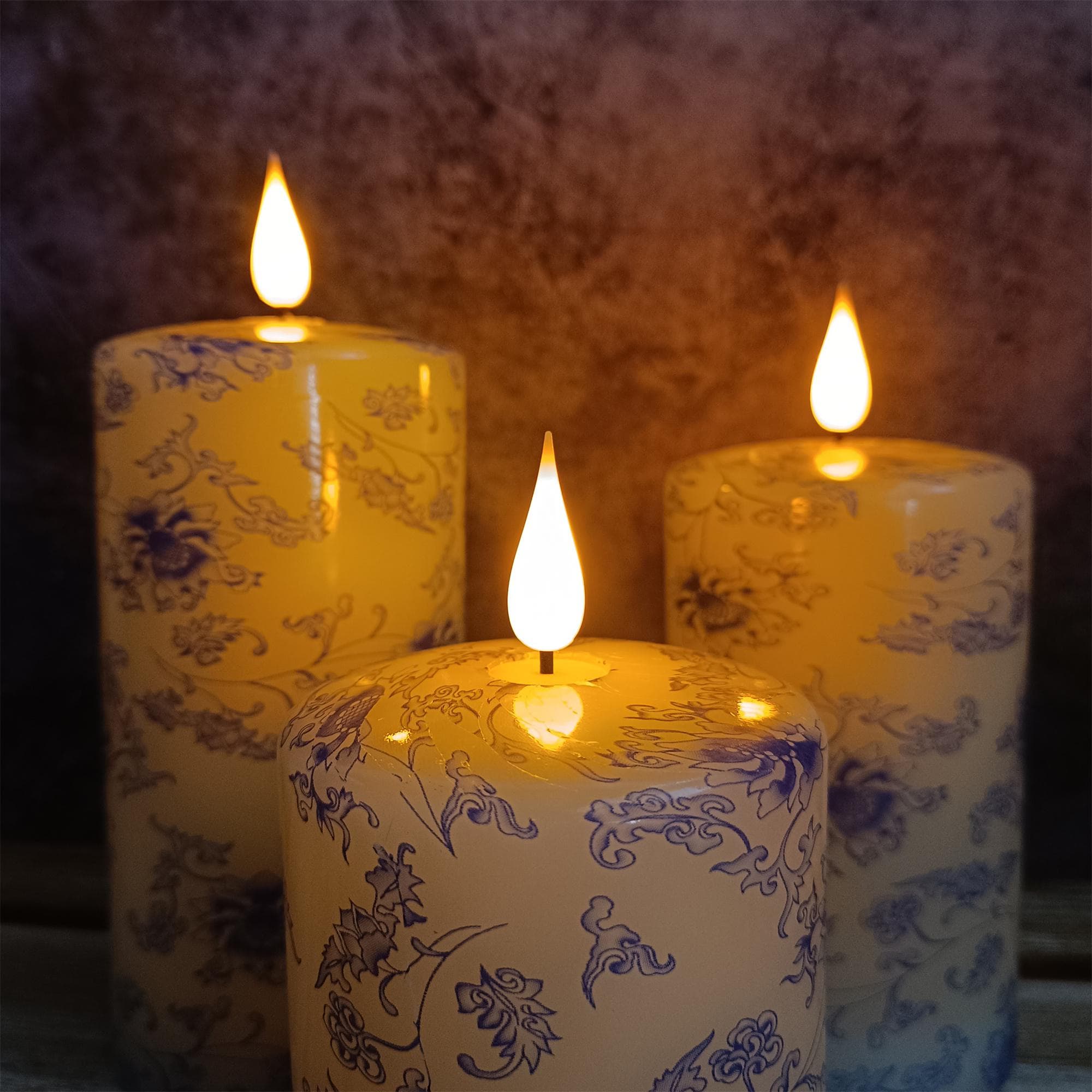 Blue And White Floral Printed Flameless Candles,Led Taper Candles,Flickering Flameless Candles,Battery Operated Candles,Housewarming Gift