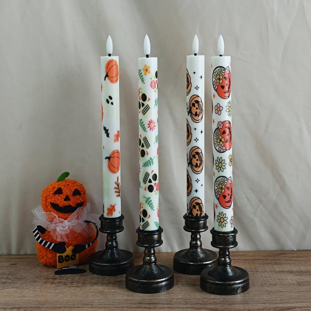 10" Halloween Flameless LED Taper Candles, Battery Timer Candles Pumpkin Skull Candlestick Halloween Party Decor Birthday Gift