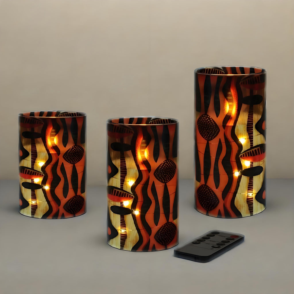 LED African Tribal Abstract Candles Set of 3 Flameless Pillar Candles 10-Key Remote, Warm Light Unscented & Eco Safe Home Decor Halloween