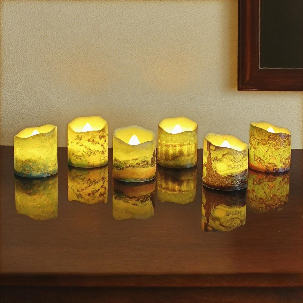 Van Gogh Painting LED Tea Lights,Set of 12 or 24,Flameless Candles, 6 Famous Artworks, Personalized original gift