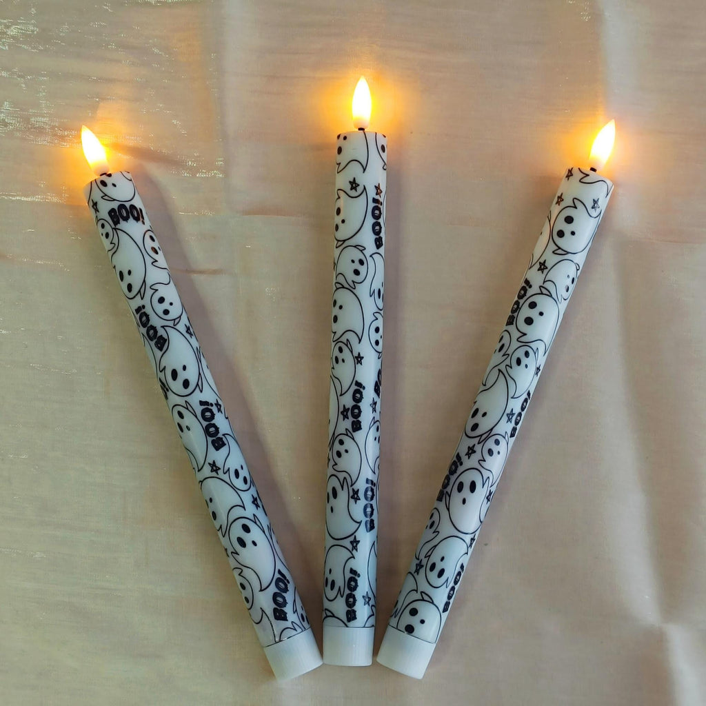 10" Tall Halloween LED Ghost Face Taper Candles with Remote Control, Timer, Flickering, Flameless & Safe Halloween Decor 3PCS