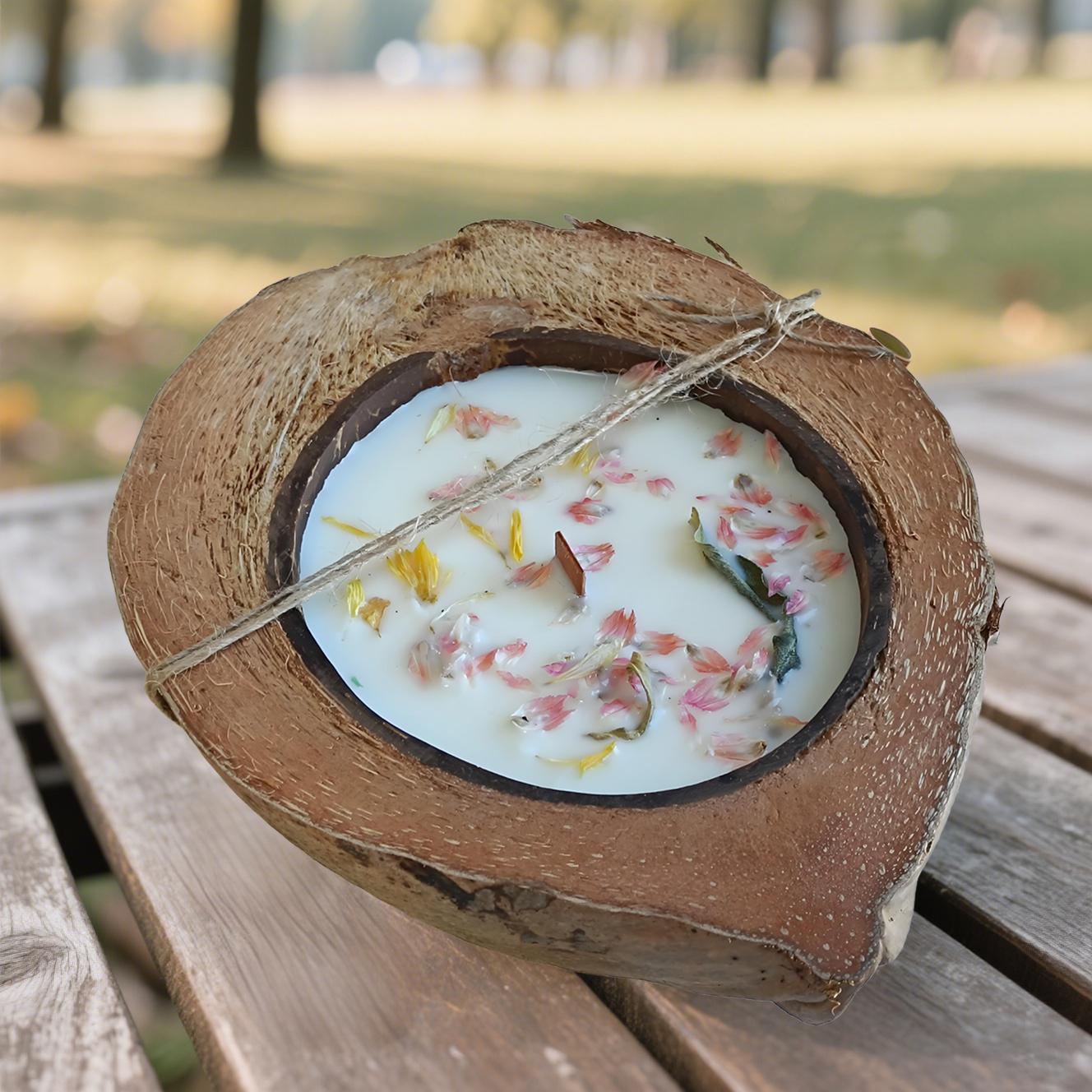 Coconut Wood Dough Bowl Candle: Dried Floral Soy Wax, Wooden Wick, Housewarming Gift
