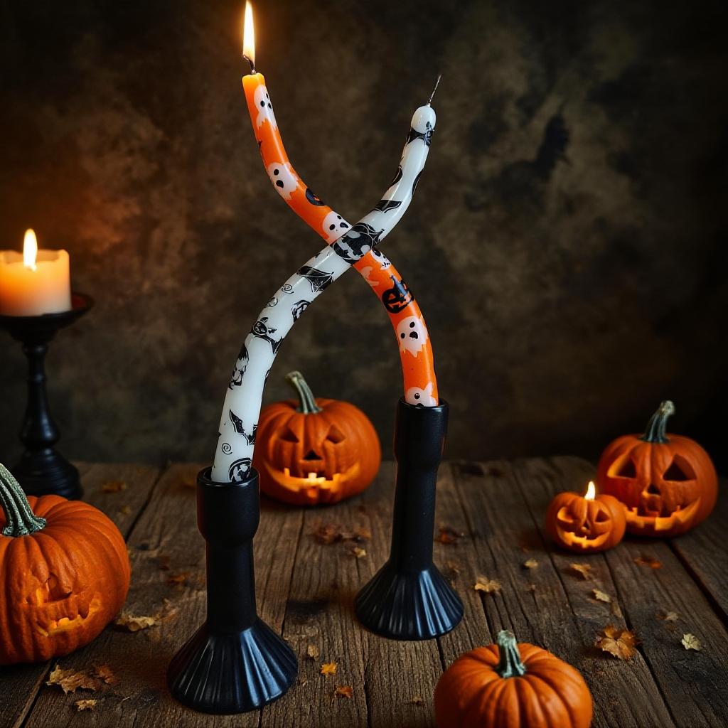 Halloween Twisted Taper Candles,Ghost Pumpkin Bat Print, Black/White & Orange, Unscented Paraffin Candles for Halloween Decor Gift