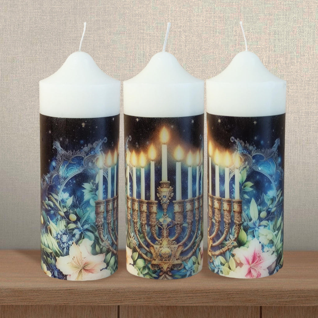 Personalized Shabbat Candles Set of 3: Jewish Ritual Pillar Candles